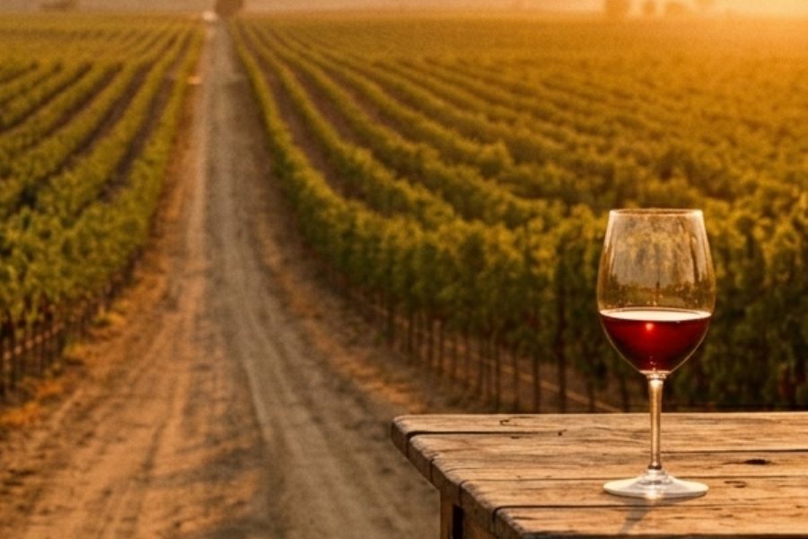 2007 — a vineyard road at golden hour with a glass of red wine in the foreground