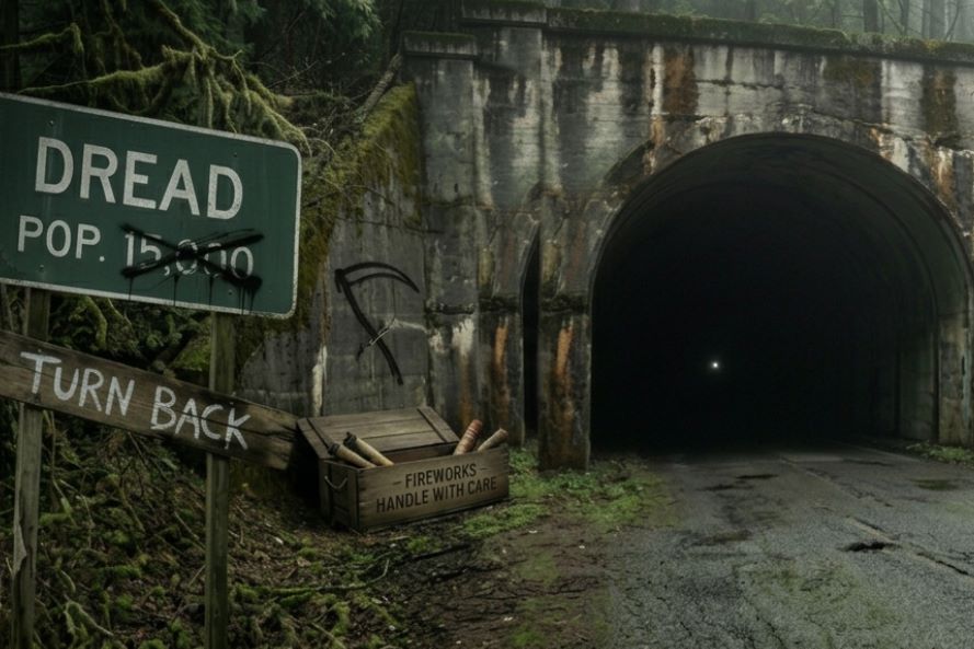 Dread, Oregon — tunnel entrance with warning sign in a foggy Pacific Northwest forest