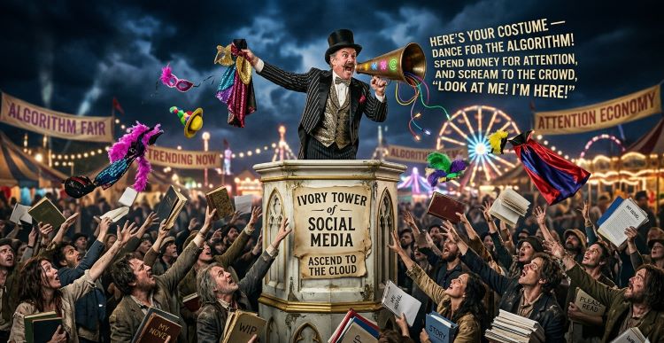 A carnival barker on the Ivory Tower of Social Media, hurling costumes at desperate writers